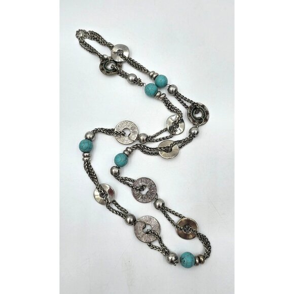 Southwestern Multi-Chain Station Necklace 40" Textured Discs Faux Turquoise Bead - Picture 8 of 8